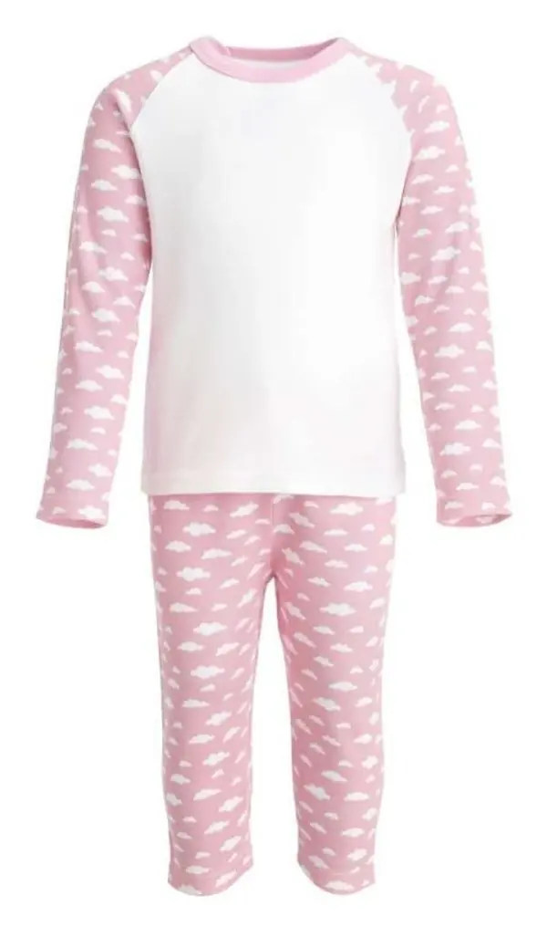 Pink cloud print kids pyjamas with white top